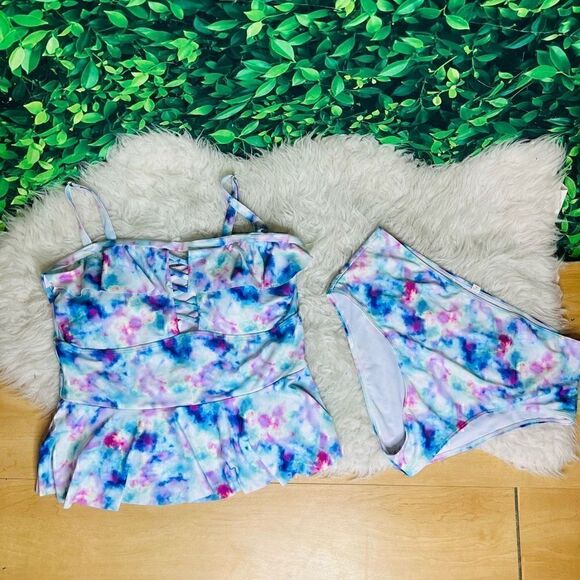 Watercolor ruffled two-piece tank and bikini set swimsuit size XL - Picture 2 of 13